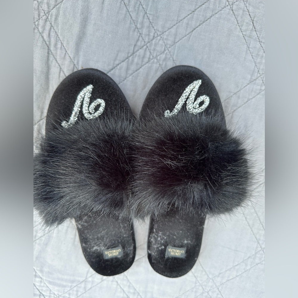 Victoria's Secret Black Fur Rhinestone Slide Slippers